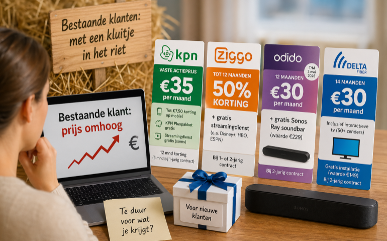 Bestaande klanten met kluitje in het riet: de aanbiedingen voor nieuwe klanten bij Ziggo, KPN, Odido en Delta